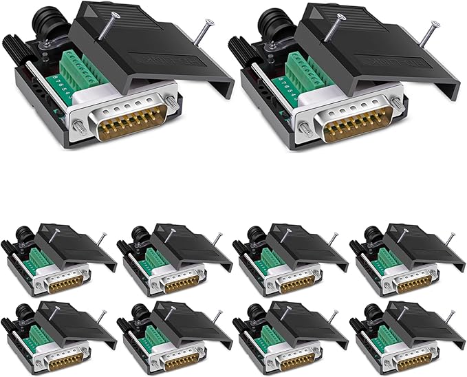 10PCS DB15 Solderless Connector, RS232 D-SUB Serial to 15-pin Port 16mm Thinner Terminal Male Adapter Breakout Board with Case Long Bolts Nuts