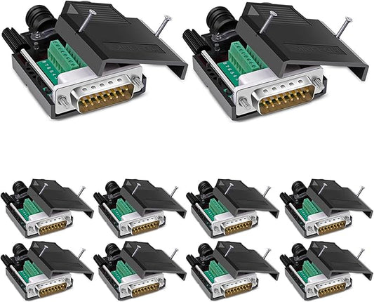 10PCS DB15 Solderless Connector, RS232 D-SUB Serial to 15-pin Port 16mm Thinner Terminal Male Adapter Breakout Board with Case Long Bolts Nuts
