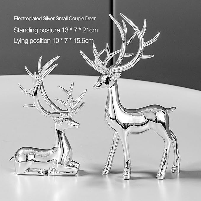 GALEI-2PCS Scandinavian Style Elk Ornament Christmas Resin Sitting and Standing Deer Statue Home Living Room Study Ornaments (Silver, One Size)