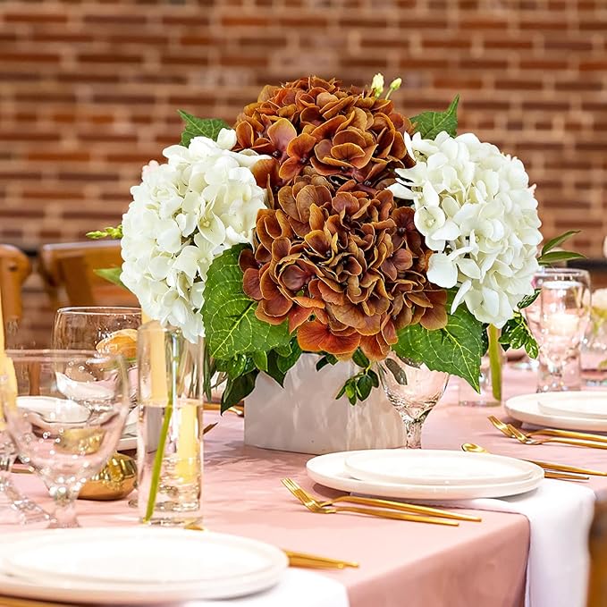 Fall Hydrangea Artificial Flowers, 4Pcs 21” Latex Real Touch Flowers, Faux Silk Flowers Fake Artificial Hydrangeas with Stems for Bouquet Table Centerpieces Halloween （Raw Umber Brown）