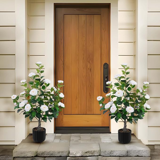 Hananona 2 Pcs Artificial Camellia Trees Faux Camellia Plant in Pot with Flowers Indoor Plants for Spring Home Decor Outdoor Porch Front Door Decor (White, M)