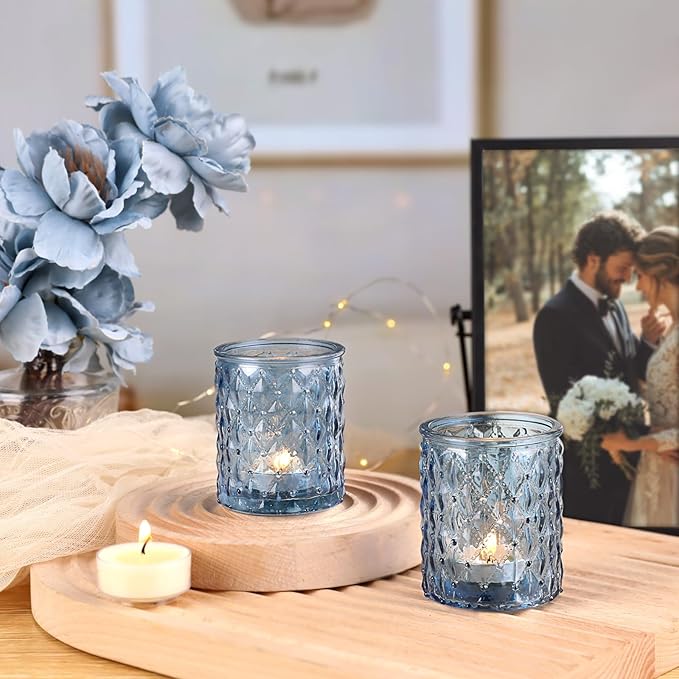 12pcs Blue Votive Candle Holders-Glass Candle Holder for Centerpiece Table Decorations, Tea Light Candle Holders for Wedding Decor, Home Decor, Baby Shower and Party Decor