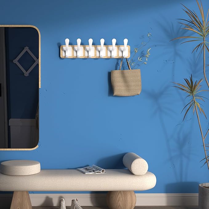 SKOLOO Scandi-Style Wooden Carved-Block Coat Hook & Hanger - Wall Mount with 6 Hooks for Clothing & Accessories, Natural & White