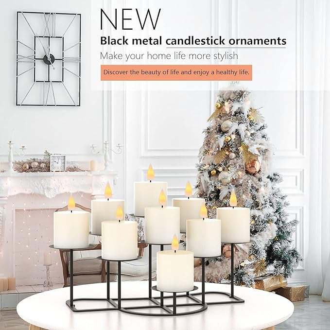 smtyle DIY 9 Mantle Candelabra Flameless or Wax Candle Holders for Fireplace with Black Iron Decoration on Desk/Floor