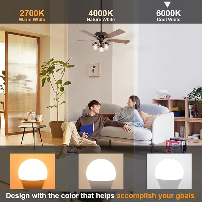 comzler LED Light Bulbs, 60 watt Equivalent 6000K Cool White Daylight A15 Ceiling Fan Bulbs, E12 Base Candelabra Small Light Bulbs, 600lm, Non-Dimmable, Pack of 6