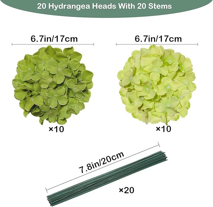 Hydrangea Artificial Flowers, 20 Pcs Green Hydrangea Artificial Flowers Bulk, Faux Hydrangea Flowers for Outdoor, Fake Silk Hydrangea Flowers with Stems for Wedding Decoration Decor