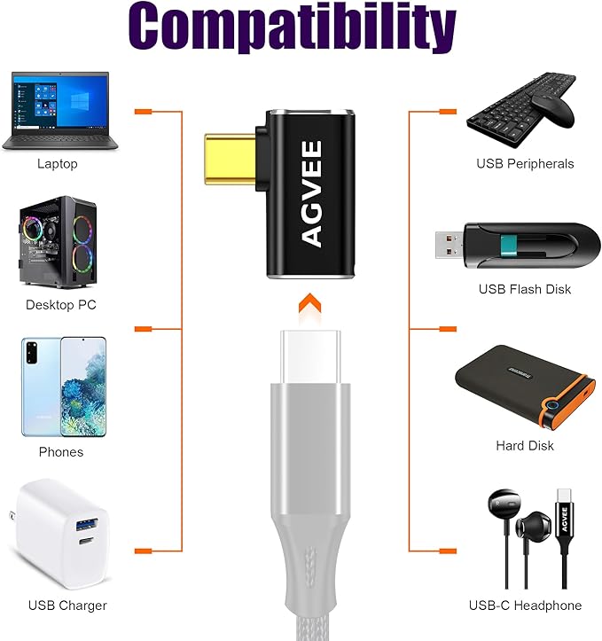 AGVEE 2 Pack Side Angle USB4 USB-C Male to USB-C Female Adapter Converter Video USB 4.0 240W 40G Data Extension Coupler Connector, Black