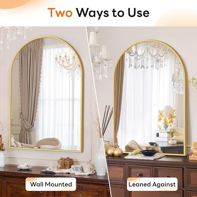 Sweetcrispy Arched Bathroom Mirror 38x26 Inch Gold Metal Framed Arch Vanity Mirror for Wall, Over Sink, Farmhouse, Restroom, Anti-Rust, Modern Decorative, Hanging or Leaning