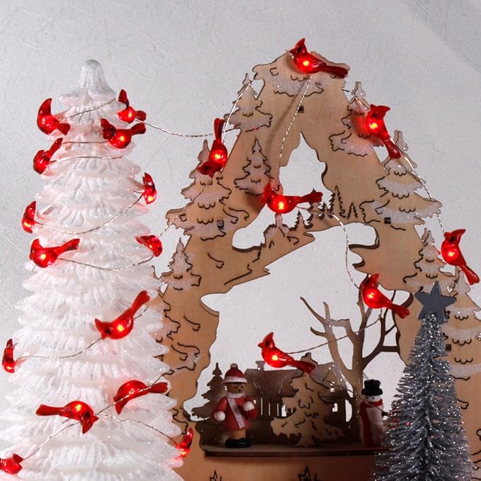 Impress Life Christmas Tree Cardinal String Lights, Red Snow Bird Decorative Ornaments 10 ft 40 LEDs Battery Operated with Remote Timer for Wedding Birthday Parties Bedroom Home Holiday Decoration