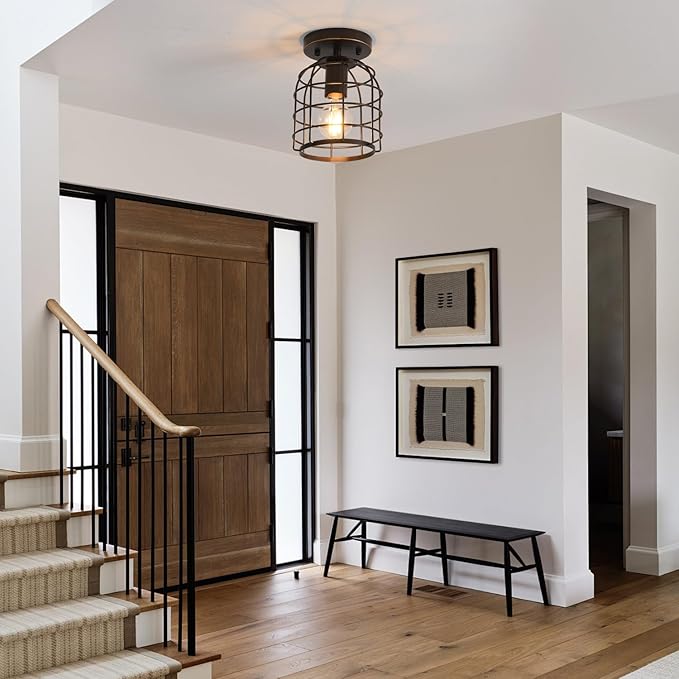 Create For Life® Industrial Vintage Flush Mount Ceiling Light,Rustic Metal Cage Semi Flush Mount Ceiling Lamp Fixture for Hallway Stairway Kitchen Garage, E26, Oil Rubbed Bronze Finish,2 Pack