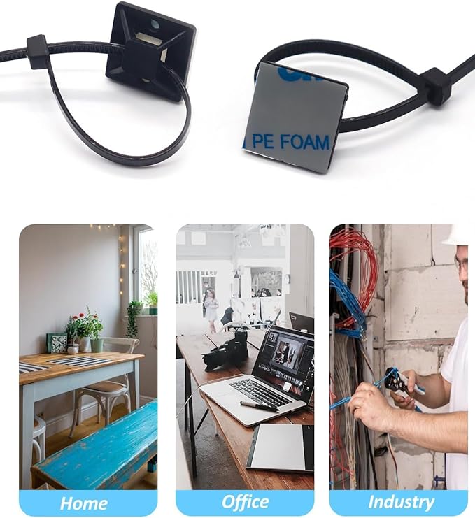 100 Set Cable Zip Tie Self Adhesive Mounts Kit with 6" Zip Ties, 3/4" Wire Holders Squares, Screws - Sticky Wire Fasteners Cable Clips Management Anchors Organizer - Black