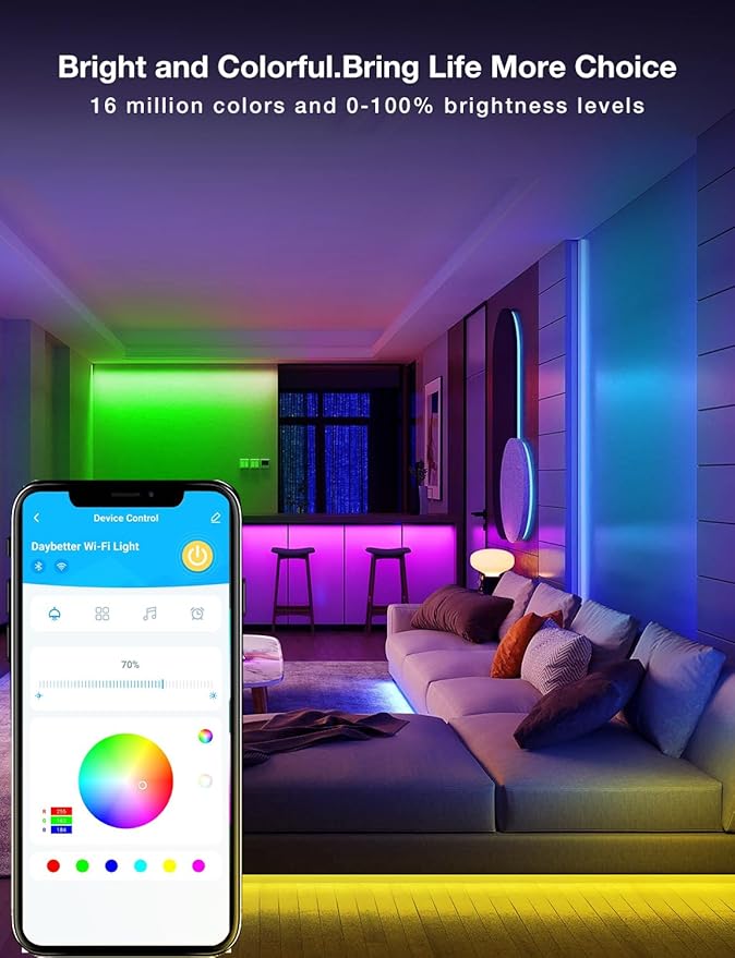 DAYBETTER Smart WiFi Led Strip Lights App Controlled Compatible with Alexa and Google Assistant Timer Schedule RGB Strip Color Changing Décor for Bedroom Party Kitchen 50ft
