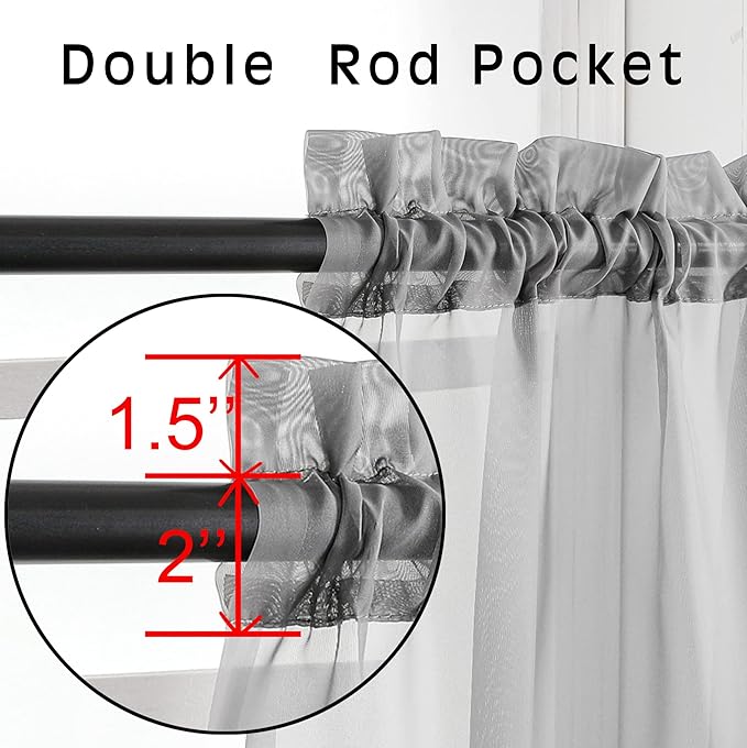 OWENIE Grey Sheer Kitchen Valance for Windows Set of 2, Small Modern Rod Pocket Voile Valance Curtain Window Treatment Decor for Living Room Bathroom Cafe Laundry Basement, 42" W x 14" L