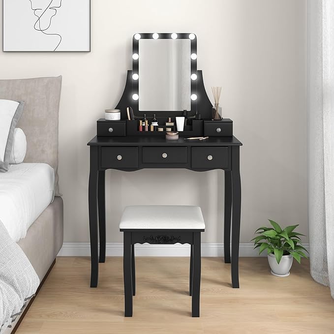 CHARMAID Vanity Desk with Mirror and Lights, Makeup Vanity Table with 5 Storage Drawers, 3 Color Lighting Modes, Adjustable Brightness, Modern Bedroom Dressing Table with Vanity Stool, Black