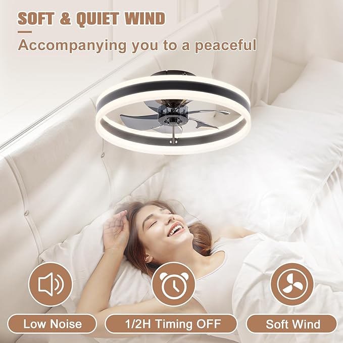VOLISUN Fandelier Ceiling Fans with Lights and Remote, 15.7in Low Profile Ceiling Fan Flush Mount, 3000K-6500K Dimmable Bladeless LED Fan Light, Black Modern Ceiling Fans with Lights for Bedroom