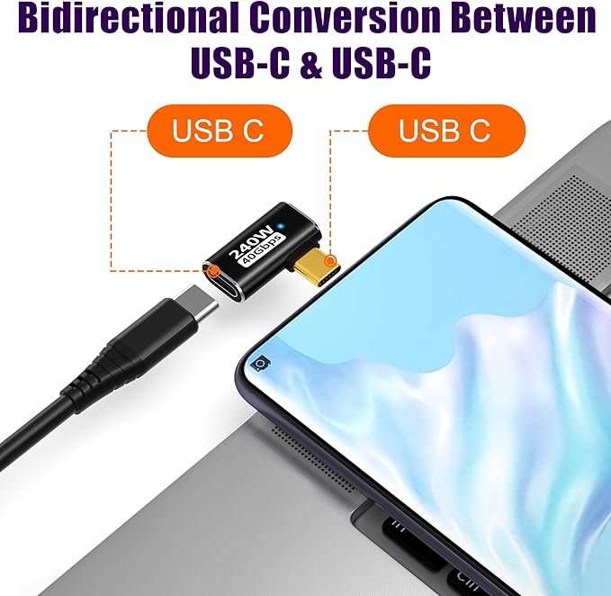 AGVEE 2 Pack Side Angle USB4 USB-C Male to USB-C Female Adapter Converter Video USB 4.0 240W 40G Data Extension Coupler Connector, Black