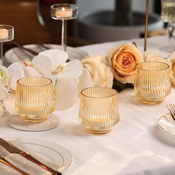 12 Pcs Large Gold Votive Candle Holders- 3.15"×3.15" Ribbed Gold Votives, Gold Tea Lights Candle Holders Votive Holders for Wedding Table Decor, Gold Glass Candle Holders for Table Centerpieces