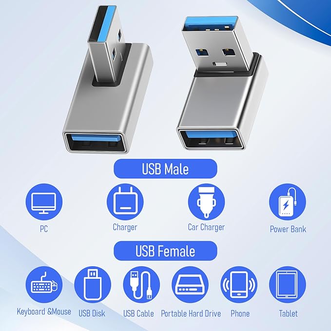 90 Degree USB 3.0 Adapter 4 Pack, L Shape Extender Left and Right Angle and Up and Down Angle USB A Male to Female Converters Extend Laptops for PC, Laptop, Power Bank (Grey)