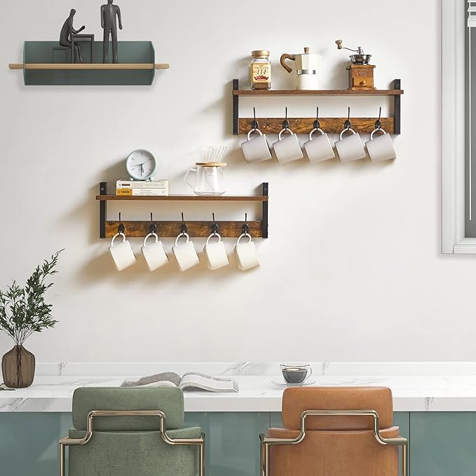 YMYNY Coat Rack Wall Mount with Shelf, 2 Pack 23.6" Coat Hooks Coat Hanger Wall Mount, Wall Hooks for Hanging, Hat Rack for Wall, Towel Hooks for Bathrooms, Rustic Brown UHWS004H-2