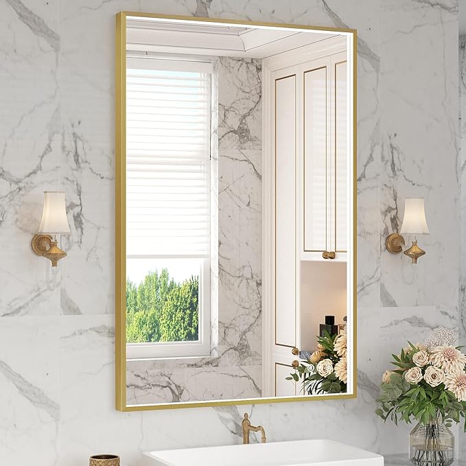 24x36 Inch LED Bathroom Mirror, Gold Metal Framed Lighted Mirror for Bathroom, Wall Mouted LED Vanity Mirror with Lights, 3 Colors and Stepless Dimmable, Anti-Fog, Memory