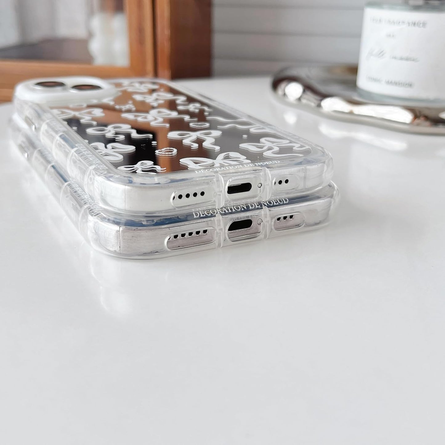 Love Heart Bow Plating Mirror Soft Phone Case Compatible with iPhone 12 Pro Max, Silver