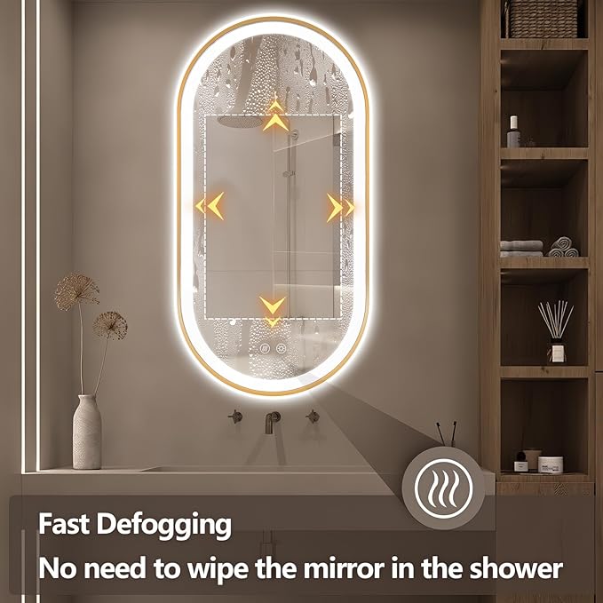 Niccy Oval LED Mirror for Bathroom, 48x24 Front Lit + Backlit Vanity Mirror with Light Anti-Fog, Shatter-Proof, 3 Colors, Makeup Mirrors with Gold Frame (Horizontal/Vertical)