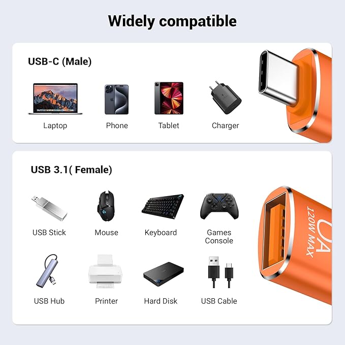 Pastall 10 Pack 10Gbps/120W USB C to USB3.1 Adapter, Orange Type C Male to USB Female Adapter for Smartphone, PC, Laptop, Tablet, Keyboard etc.