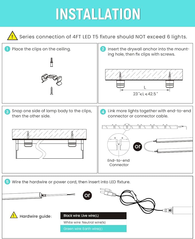 (6 Pack) 4FT T5 LED Integrated Fixture, 6500K,20W,2300LM(Super Bright White) Linkable LED Shop Light,Garage Ceiling and Cabinet Light,Strip Light,Corded Electric with ON/Off Switch