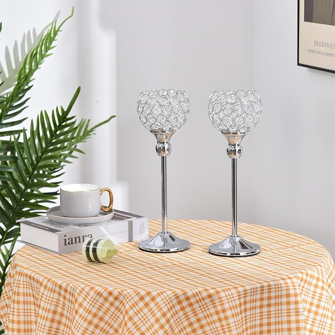 VINCIGANT Crystal Hurricane Candle Holder Silver Candlestick Set of 2 for Anniversary Celebration Coffee Table Modern Decorative Centerpieces
