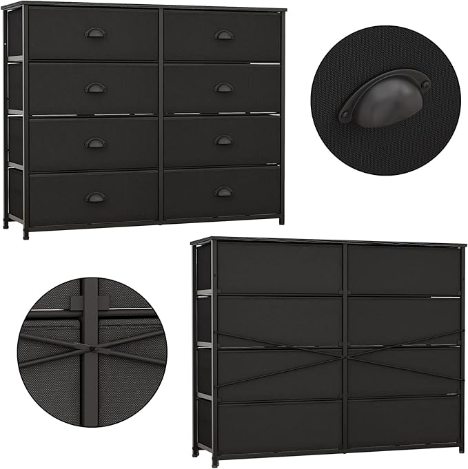Furnulem Dresser with 8 Fabric Drawers, Wide Console Table for 50'' TV, Storage Organizer Unit for Bedroom, Office, Dorm, Closet, Hallway, Sturdy Metal Frame & Wood Top (Black)