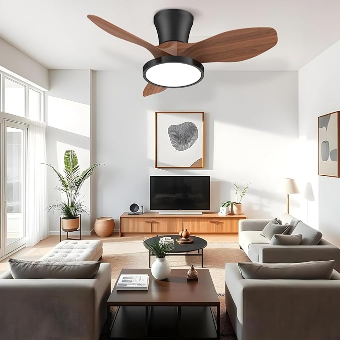 ocioc Quiet Ceiling Fan with LED Light DC motor 32 inch Large Air Volume Remote Control Walnut for Kitchen Bedroom Dining room Patio