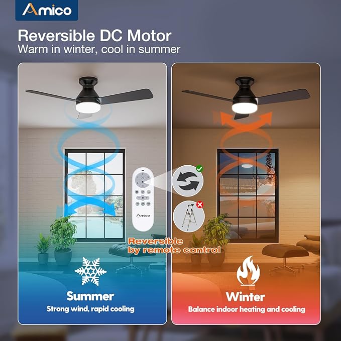 Amico Ceiling Fans with Lights, 42 inch Low Profile Ceiling fan with Light and Remote Control, Flush Mount, Reversible, 3CCT, Dimmable, Noiseless, Black Ceiling Fan for Bedroom, Indoor/Outdoor Use