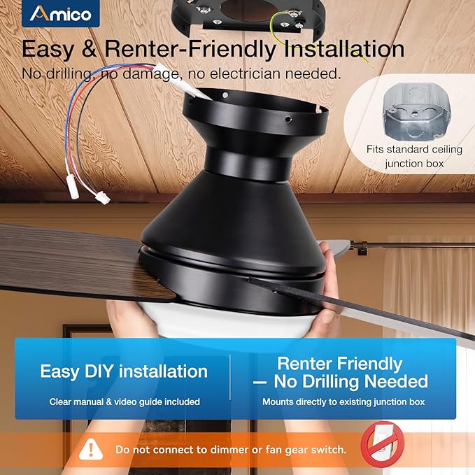 Amico Ceiling Fans with Lights, 42 inch Low Profile Ceiling fan with Light and Remote Control, Flush Mount, Reversible, 3CCT, Dimmable, Noiseless, Black Ceiling Fan for Bedroom, Indoor/Outdoor Use