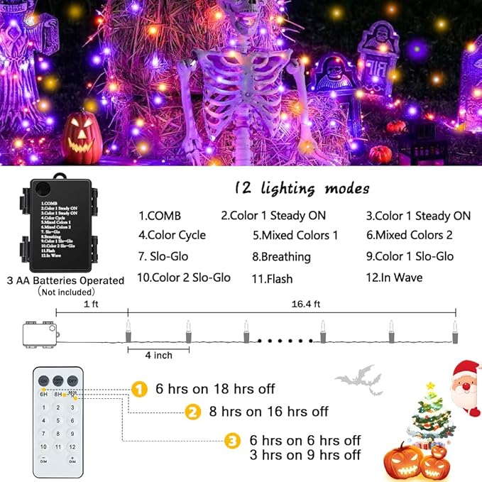 KOUQIYA Battery Halloween Lights 2 Pack, 17ft 50 LED Dual Color Changing Mini String Light with 3 Auto-Timer Options and12 Lighting Modes Waterproof Tree Lights (Orange Purple & Warm White)