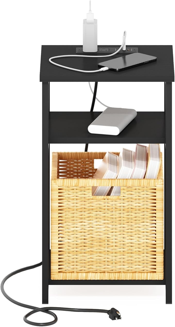 Furinno Moretti Side Table, 3-Tier End Table with Charging Station, Metal Frame Night Stand, Bedside Table with USB and Type-C Charging Port, for Living Room, Bedroom, Americano