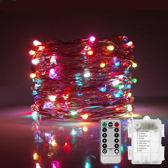 String Lights,LED Copper Wire Lights, Each Set 33ft/10M 100LEDs and 8 Remote Control.AA Battery Powered,Decor Rope Lights for Holiday,Wedding, Parties.（Multicolour）