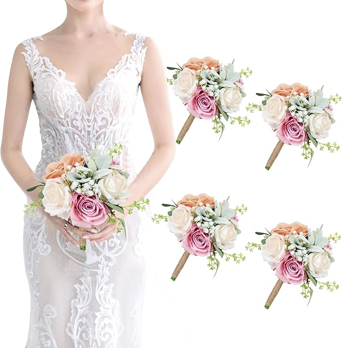 Bridesmaid Bouquets Set of 4 - Blush & Pink Artificial Flowers Bouquet for Bridesmaids Wedding Small Floral Centerpieces for Marriage Proposal Party Anniversary Dining Table Decor -7 Inch