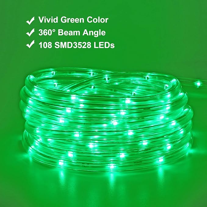 Green Rope Lights,16ft Waterproof, Connectable and Flexible LED Strip Lights with Advanced LEDs and Crystal-Clear Thick PVC Jacket, High Brightness, Great for Deck Pergola Handrail Bedroom