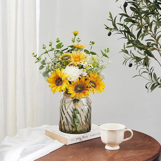 Fake Flowers Artificial Sunflowers with Vase, Faux Silk Flowers Plants for Home Office Decorations, Kitchen Dining Table Decor, Farmhouse Centerpiece Table Decoration