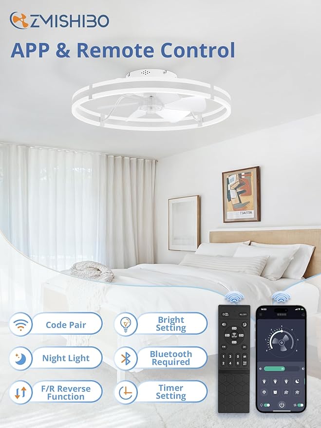 ZMISHIBO 24 Inch Ceiling Fans with Lights and Remote, Modern Low Profile Ceiling Fan, 3000-6000K Dimmable Flush Mount LED Fan Light, 6 Wind Speeds, Fandelier Ceiling Fans for Bedroom- White