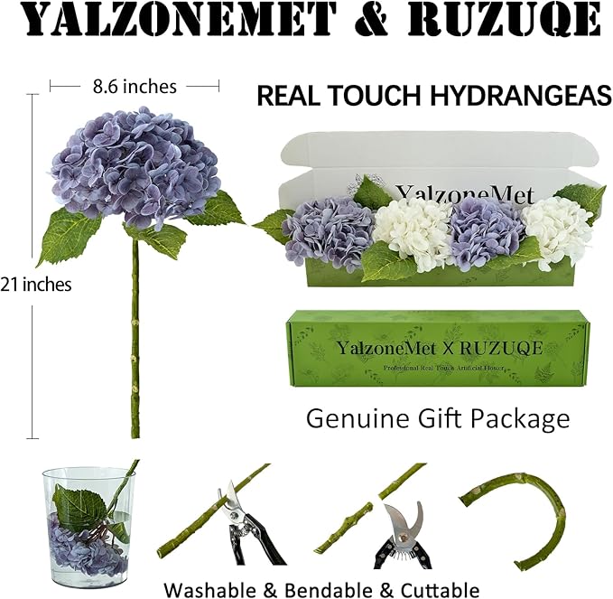 YalzoneMet 4 Pcs Hydrangea Artificial Flower Lifelike 21'' Long Stem Latex Real Touch Hydrangea for Xmas Home Party Kitchen Thanksgiving Table Centerpiec Christmas Decor 2 White + 2 Purple