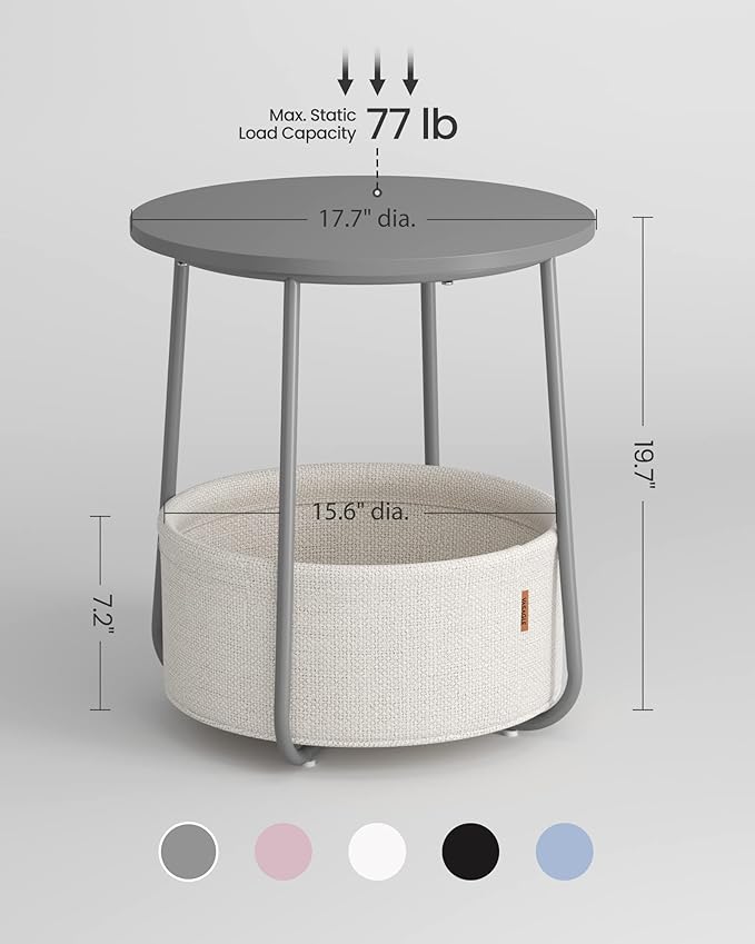 VASAGLE LILEA Collection - Small Round Side End Table, Modern Nightstand with Fabric Basket, Cement Gray and Cream White ULET223G49