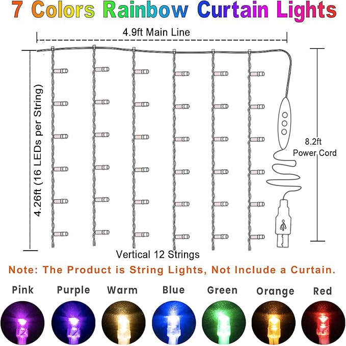 Rainbow Fairy String Curtain Lights with Remote, Twinkle LED Ombre Light Curtain for Girls Room, Bedroom, Teen Room, Kid's Room, Unicorn Theme, Party, Christmas Décor Gift (Rainbow)