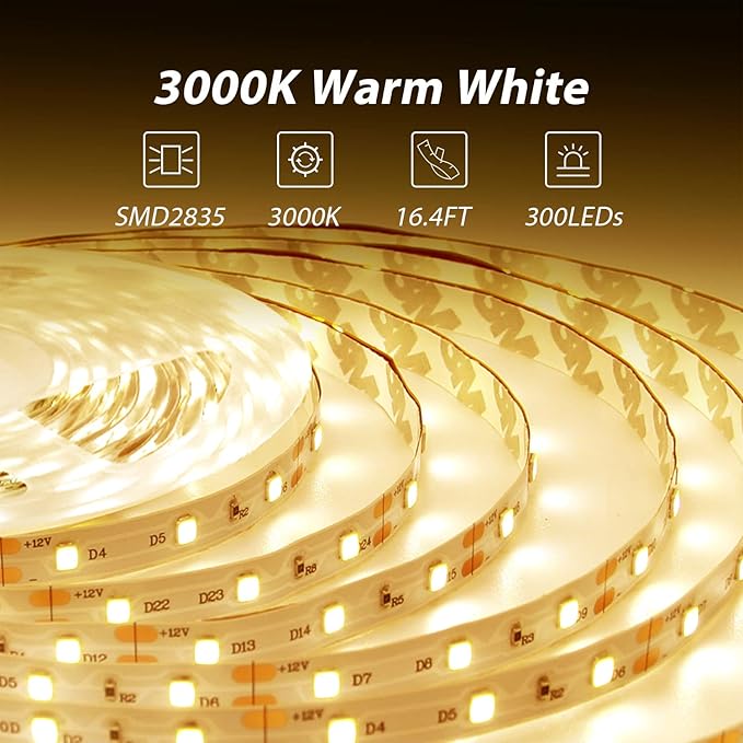 dalattin Warm White LED Strip Lights, 3000K Tunable Soft White Light Strip 16.4ft, Bright 300 LEDs, White Led Lights for Bedroom, Mirror, Kitchen Decoration
