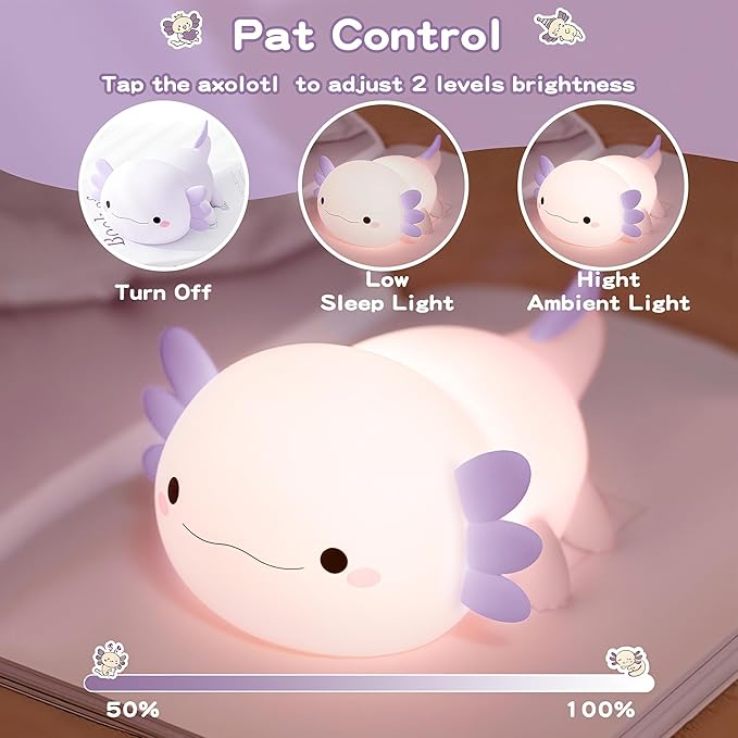 Axolotl Night Light for Kids,Cute Purple Axolotl Lamp,LED Squishy Nursery Nightlight, Food Grade Soft Silicone Novelty Animal Bedside Lamp,Adorable Room Decor, Axolotl Gitfs for Mother Girls Baby