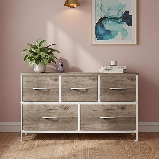 OLIXIS Dresser for Bedroom with 5 Drawers, Wide Chest of Drawers, Fabric Bedroom Dresser with Drawer Organizer, Storage Organizer Unit with Fabric Bins for Closet, Living Room, Hallway, Classic Black