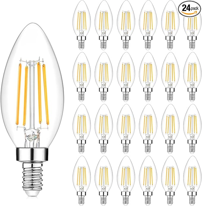 24-Pack Dimmable E12 LED Candelabra Bulbs 40Watt Equivalent, 2700K Warm White, 450Lumens, 4W B11 Vintage Chandelier Light Bulbs, LED Filament Clear Glass Candle Lamp for Ceiling Fan Home Decor