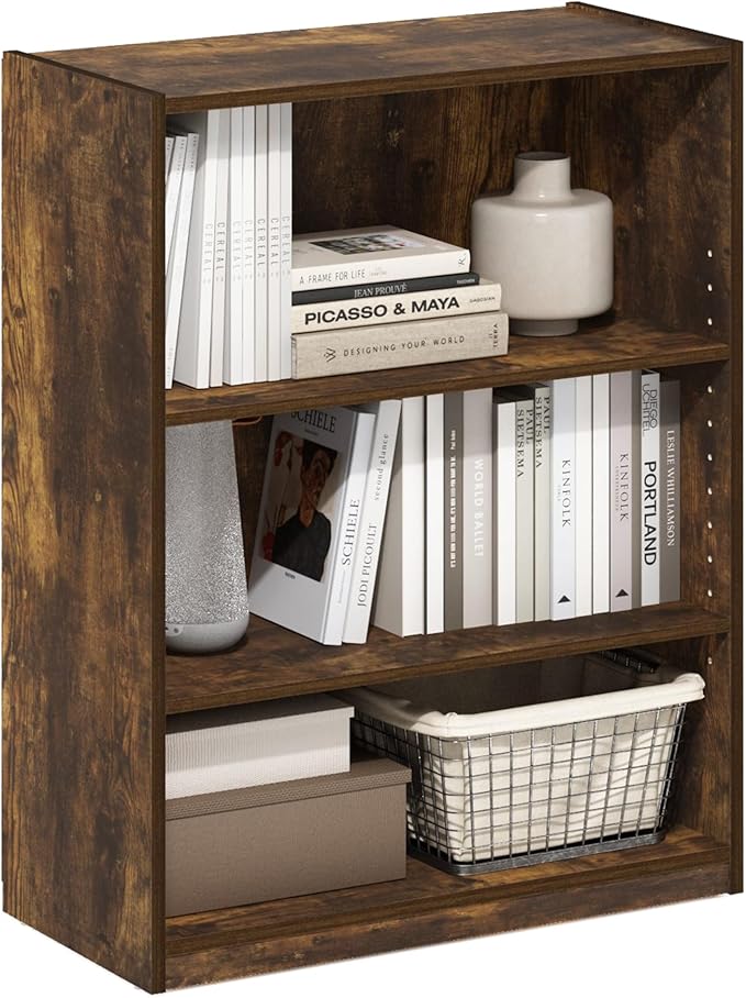 Furinno GEHRY Book Shelf, 3-Tier Bookshelf, Bookcase with Adjustable Shelves, 11.6 x 24.8 x 31.6, for Living Room, Bedroom, Home Office, Amber Pine