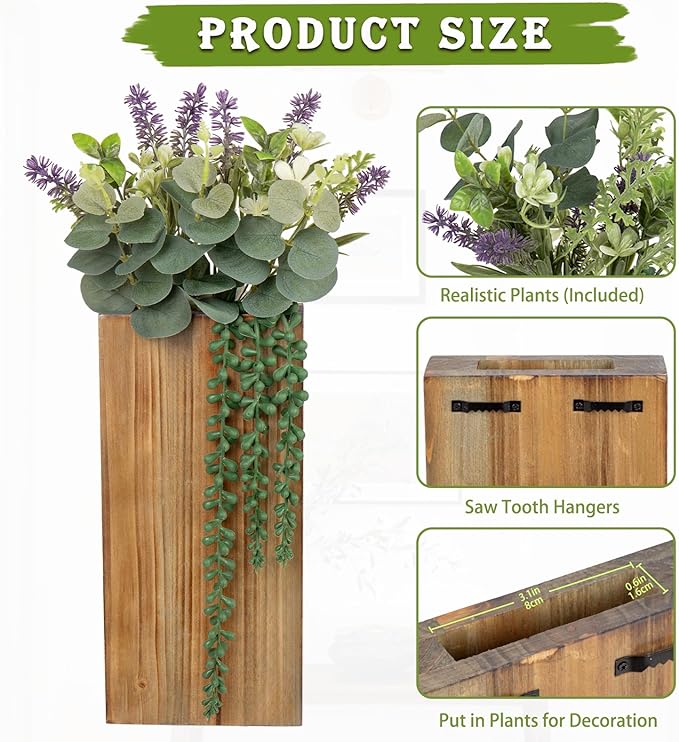 Wood Wall Planters 2 Pack with Artificial Greenery Plants - Pocket Wall Vases for Dried Flowers - Wood Wall Decor Hanging Planters for Living Room, Bedroom, Home Decor - Brown