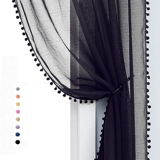 Treatmentex Pom-pom Sheer Black Curtains for Living Room 84 inches Length Modern Window Curtain Panels for Kids Room Drapes 1 Pair Rod Pocket